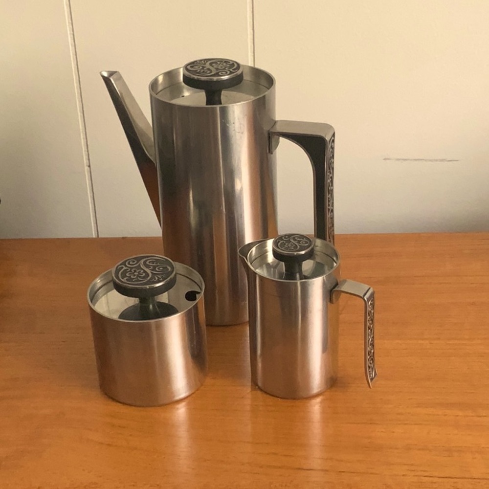 Mid Century Modern (MCM) 4 piece Coffee/ Tea  set, stainless steel, floral